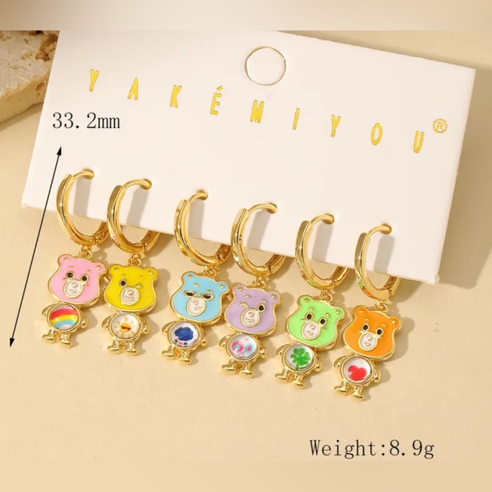 14K Gold Care Bears Theme Huggie Hoop Mismatched Asymmetrical Earrings Set - Picture 4 of 4